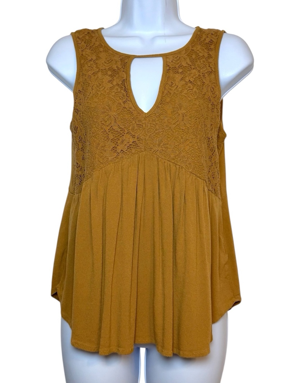 Maurices Mustard Lace Keyhole Babydoll Tank Top Boho Sleeveless Blouse